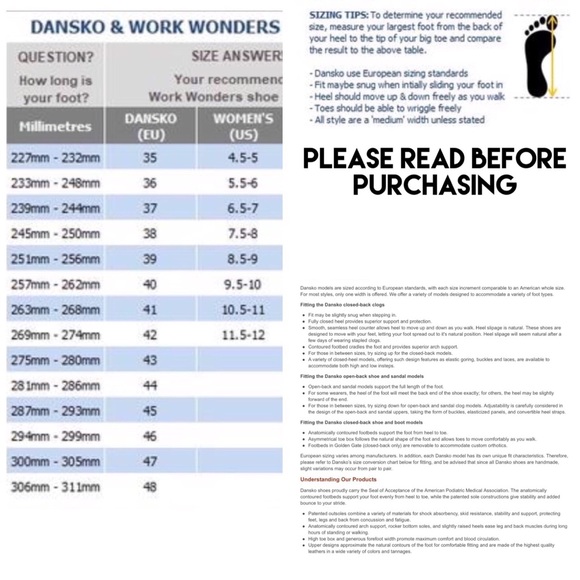 dansko children's size chart